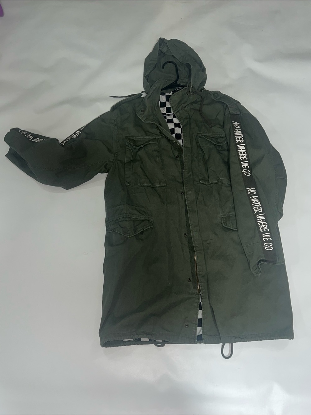 Olive Green Hooded Field Jacket with Sleeve Script